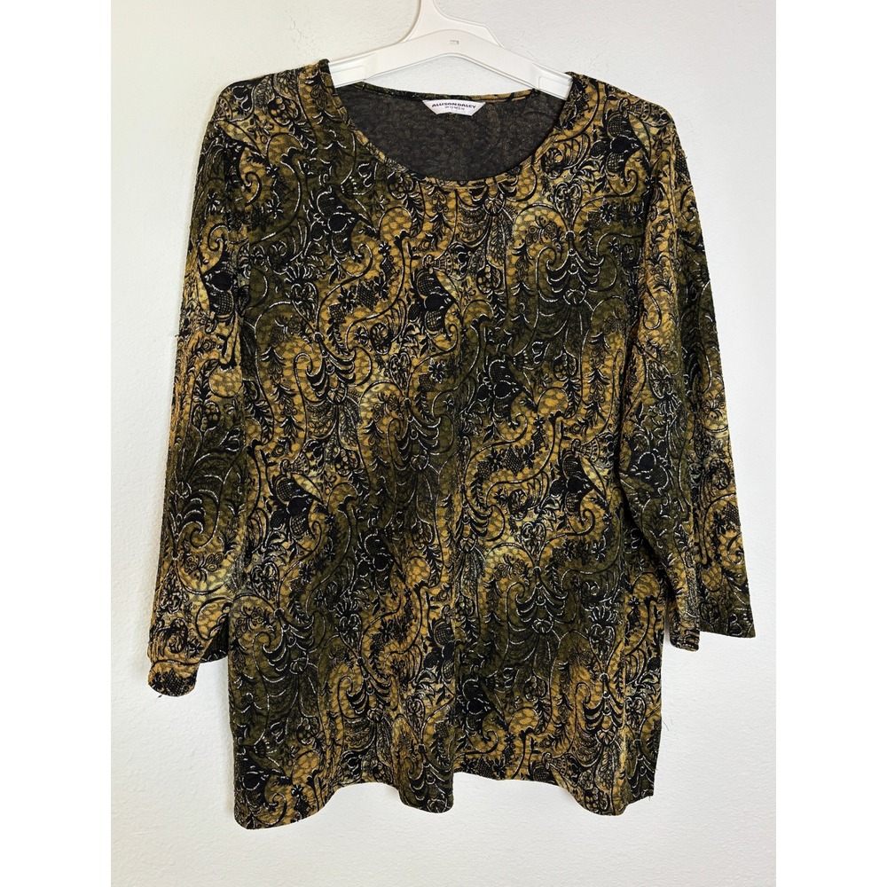 Allison Daley Women Green Gold Paisley Scroll Print 3/4 Sleeve Knit Top XL